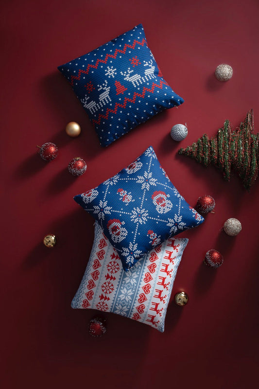 Handmade Blue Cushion Covers for winter and christmas time, Christmas cushions with santa and reindeer prints