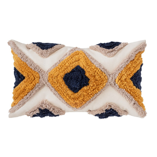 Boho decorative throw pillow in navy blue and yellow cotton stitching to give its bohemian diamond pattern