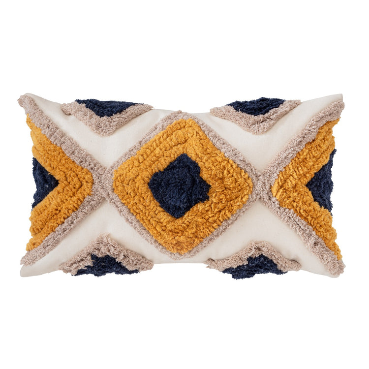 Boho decorative throw pillow in navy blue and yellow cotton stitching to give its bohemian diamond pattern