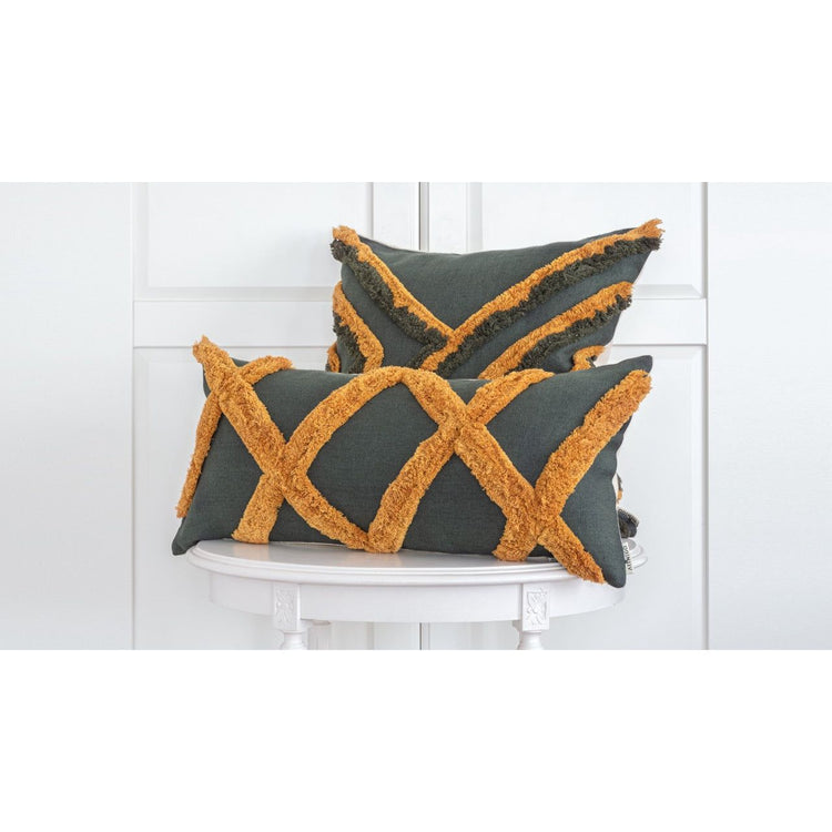 Green and mustard colored throw pillow in bohemian style, square and rectangle versions 