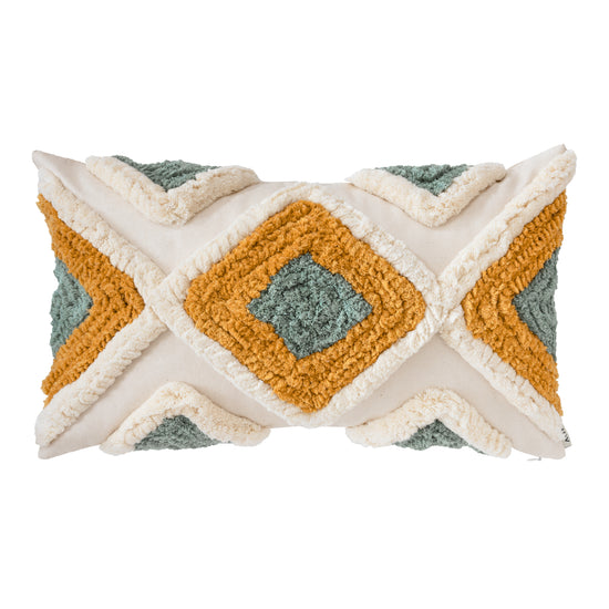 Green Bohemian style decorative pillow handmade from cotton. 