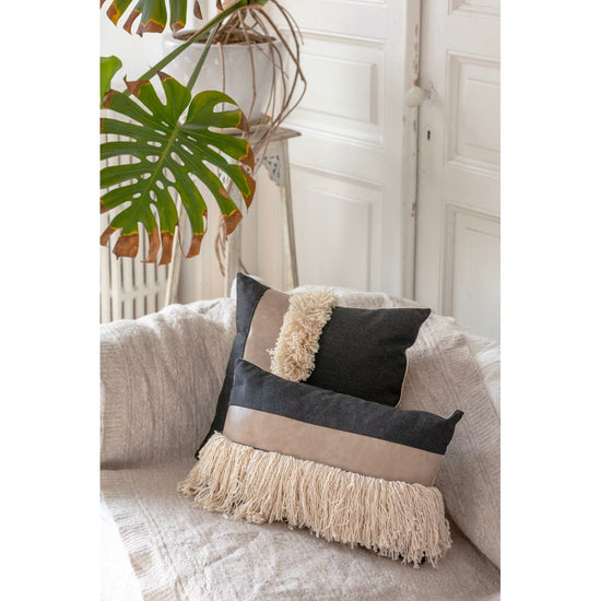 Boho Throw pillow cover with short fringes in black and ecru