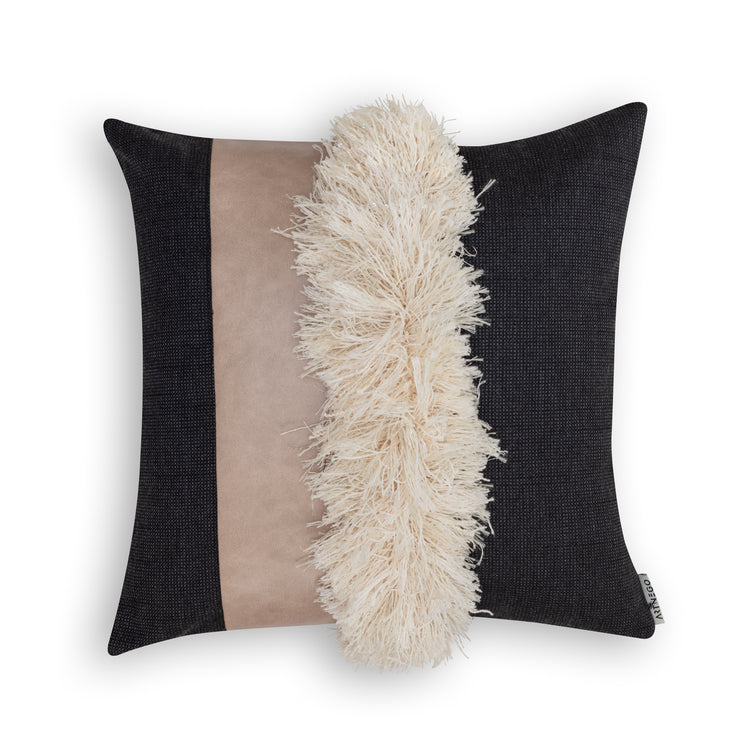 Black Boho throw pillow cover with short fringes