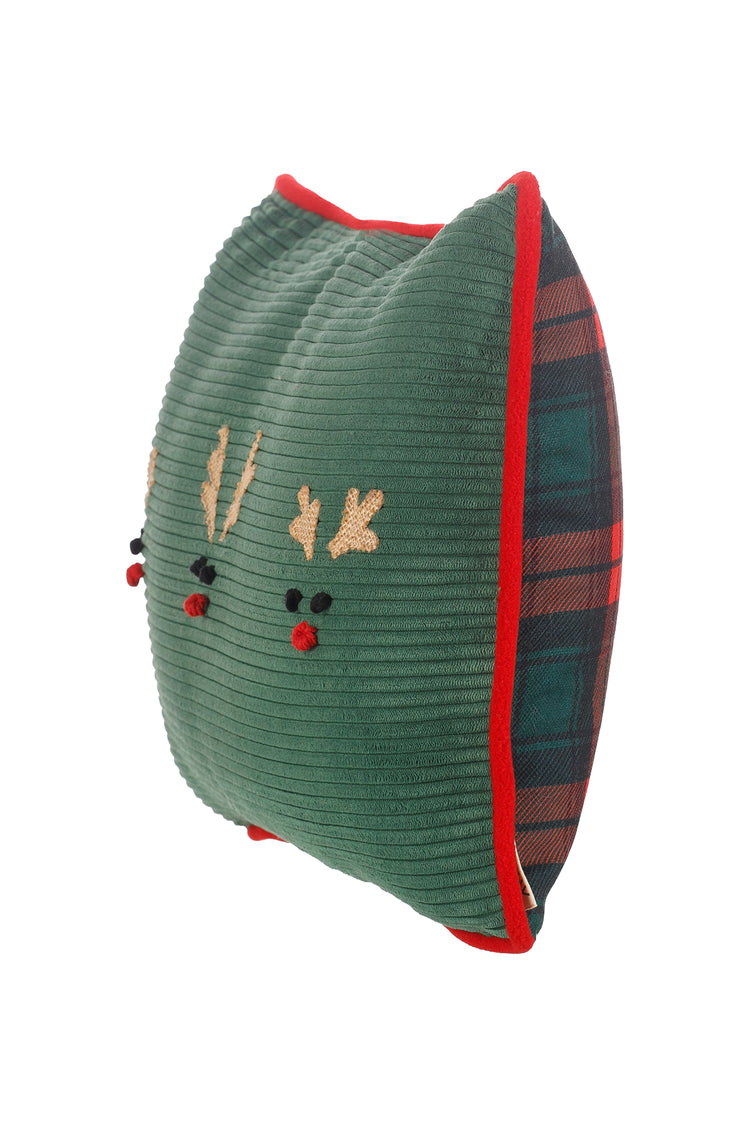 Christmas Reindeer Pillow cover in green and with tartan backside