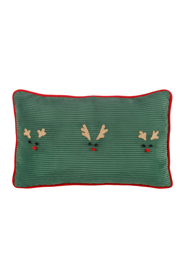 Green Christmas Pillow with Reindeer stitching, back side made from corduroy