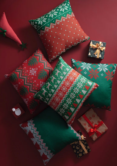 Christmas Pillows in red background, 43x43cm christmas design with reindeers and santa, christmas season decor