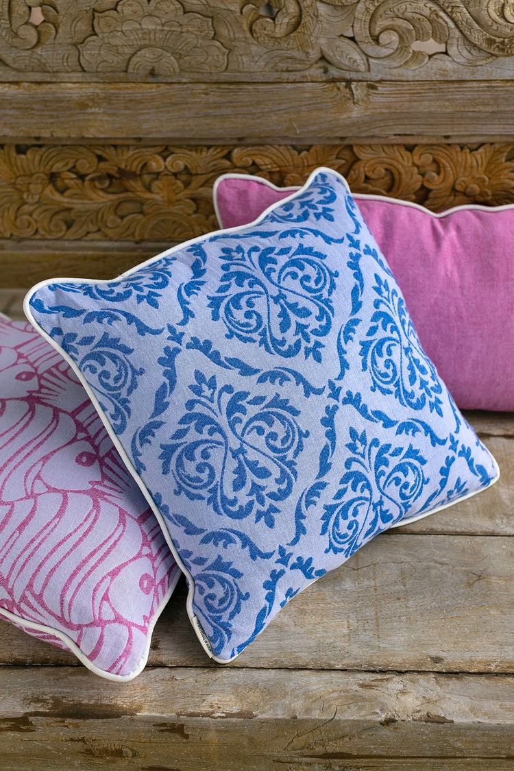 Harem Blue Damask Pillow Cover Double Sided Muslin Cushion 43x43cm