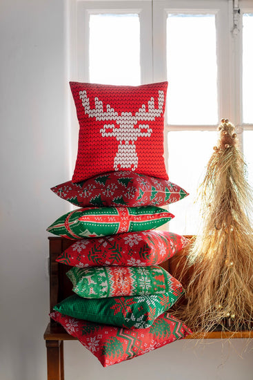 Red christmas decorative cushion cover, Santas Reindeer in white, handmade Pillow